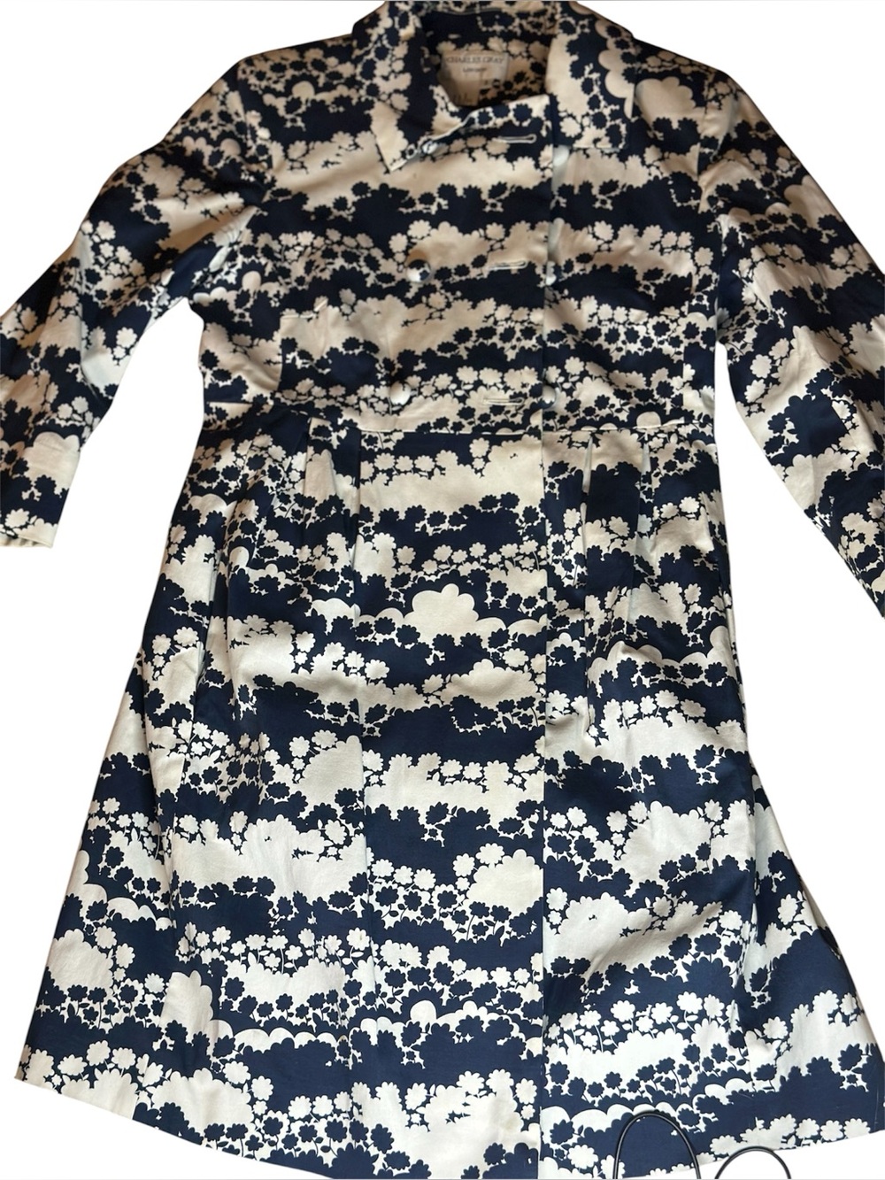 Charles Gray Navy and White Floral Stripe Double Breasted Coat Dress